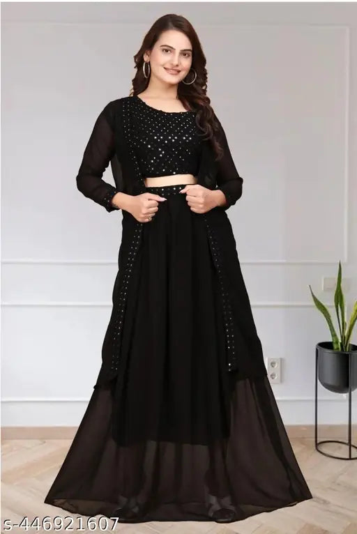 Black Georgette Lehenga Set with Long Shrug & Choli, new purple trending Indo-Western dress for women's weddings or festivals