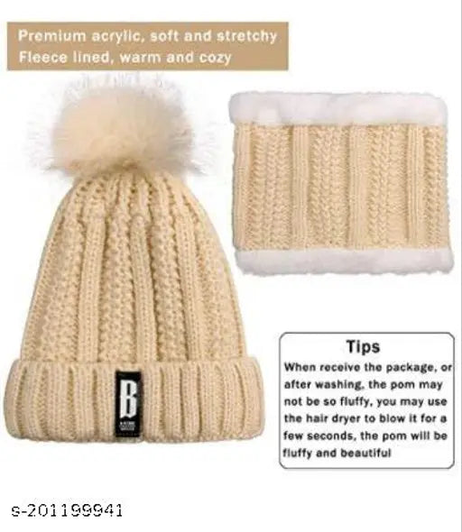 Brown 100% acrylic beanie hat & scarf set with pompom, soft fleece lining, perfect for winter outdoor activities. Multi-functional, great gift idea. Indian origin