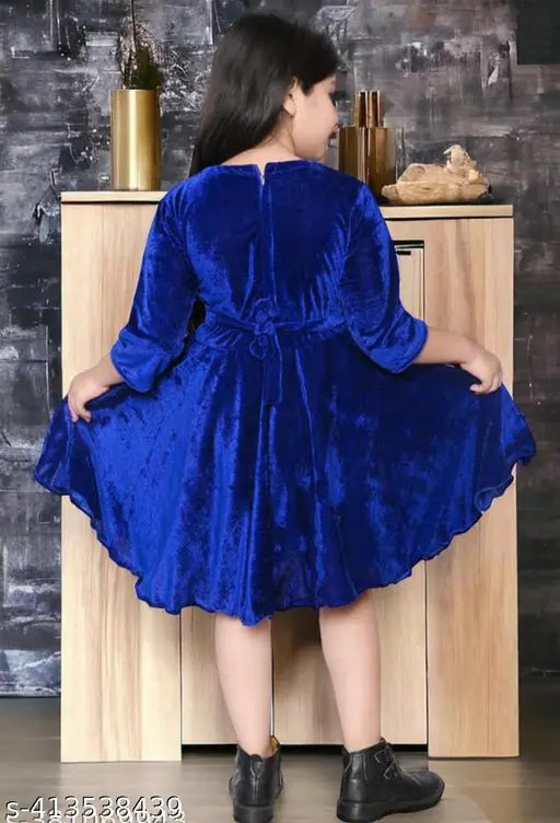 Wool three-quarter sleeve velvet dress, exquisite baby girls frock for special events, India origin