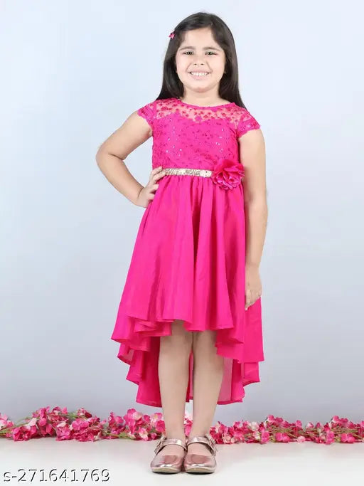 Fuchsia pink silk embroidered hi-low party dress for girls (ages 1-4), India origin