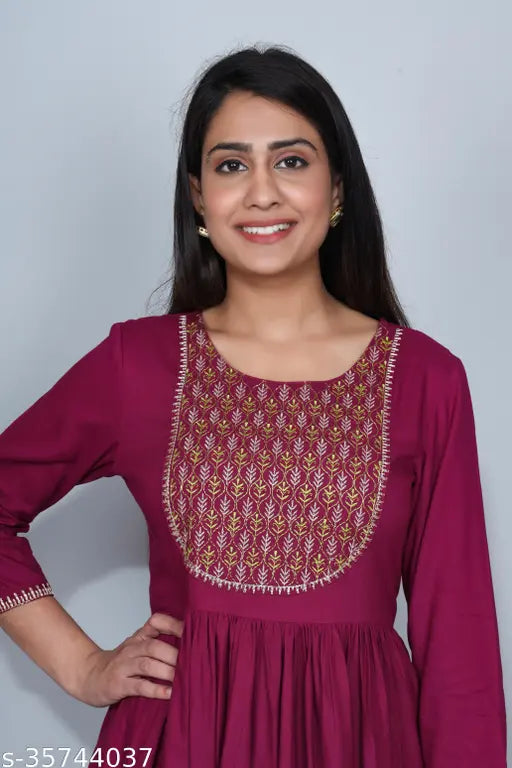 Rayon embroidered flared wine kurta for women, three-quarter sleeves, festive and party wear