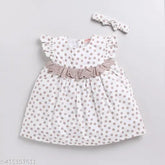 White cotton polka dot frock with hairband for girls aged 18-24 months or 2-3 years, made in India