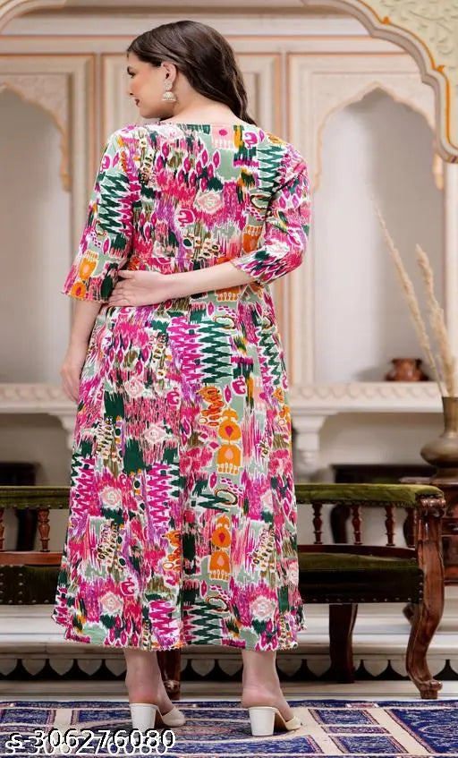 Shiny sequin-embroidered rayon Anarkali kurta, traditional Indian wear. Three-quarter sleeves, sizes S-XXXL