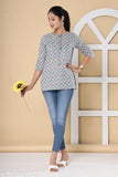 Grey cotton women's top with ethnic motifs, three-quarter sleeves, printed net pattern. Made in India." (106 characters)