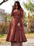 Maroon rayon anarkali gown with pant kurta and palazzos, printed net, three-quarter sleeves, fashionable Indian women's outfit on mannequin