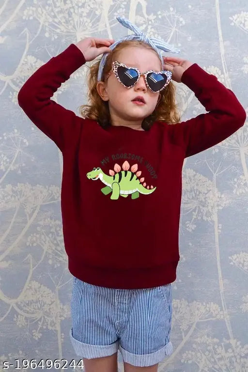 Maroon fleece Dino Gal sweatshirt & hoodie for kids, cotton long sleeve with solid pattern - comfortable and durable children's wear from India (ages 2-3, 3-4, 4-5, 5-6, 6-7, 7-8 years)