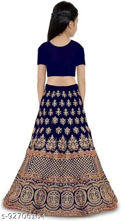 Attractive Satin lehenga choli with embroidery, suitable for ethnic or festive wear for baby girls aged 3-15 years. Embroidered short sleeves paired with matching net dupatta. Premium quality, first wash dry clean then handwash. Indian traditional wear, made in India