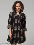 Rayon black Jaipuri tunic with 3/4 sleeves, mandarin collar, front pleats & waist string, size 34. Indian-made fashion wear