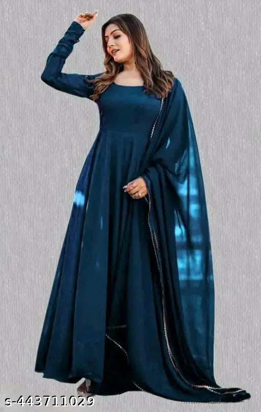 Blue Georgette long-sleeve formal gown, elegant and sheer, perfect for special occasions