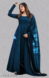Blue Georgette long-sleeve formal gown, elegant and sheer, perfect for special occasions