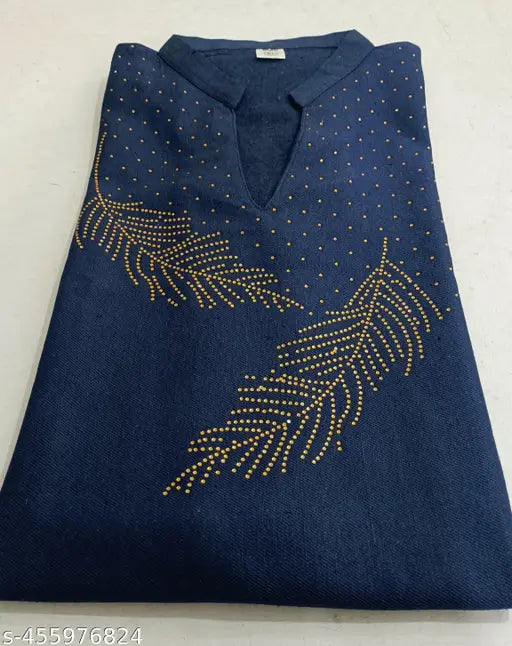 Blue wool embroidery three-quarter sleeve kurti, solid pattern, M-4XL sizes, latest Indian design
