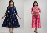 Pink rayon Anarkali dress with printed combo, three-quarter sleeve length, made in India
