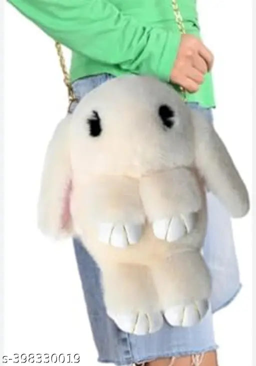Soft plush bunny sling bag with chain and smooth zipper, perfect for girls' fashion accessory