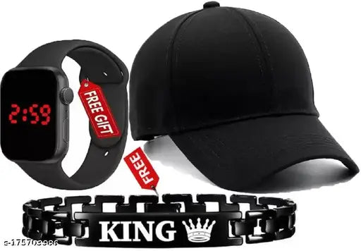Solid cotton baseball cap pack of 3, includes King bracelet and LED band for men's and boys' stylish lifestyle
