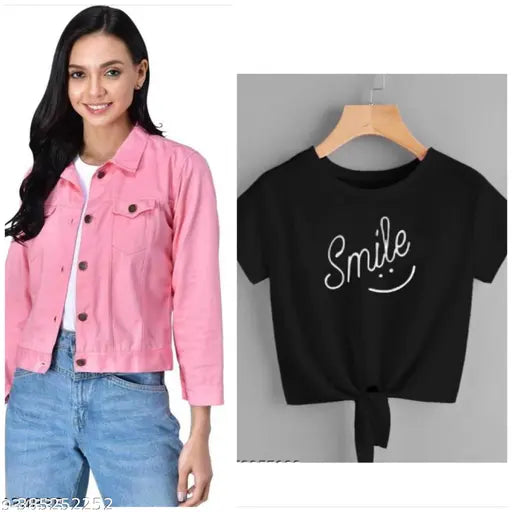 Denim jacket combo with net note t-shirt for girls, self-designed pattern, three-quarter sleeves