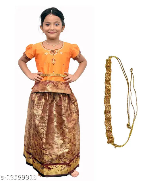 Art Silk pattu pavadai with gift, Indian Lehenga in 0-1 years size, features art silk dupatta and net fabric