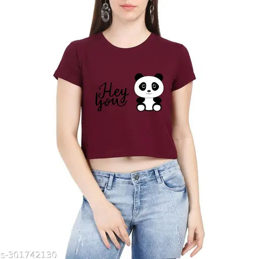 White women's cotton crop top with panda design, comfortable for wear