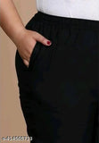 Black cotton blend plus size trousers with side pockets, mid rise, wide elastic waistband, and slit at bottom | Ladies plus size pants for comfortable style
