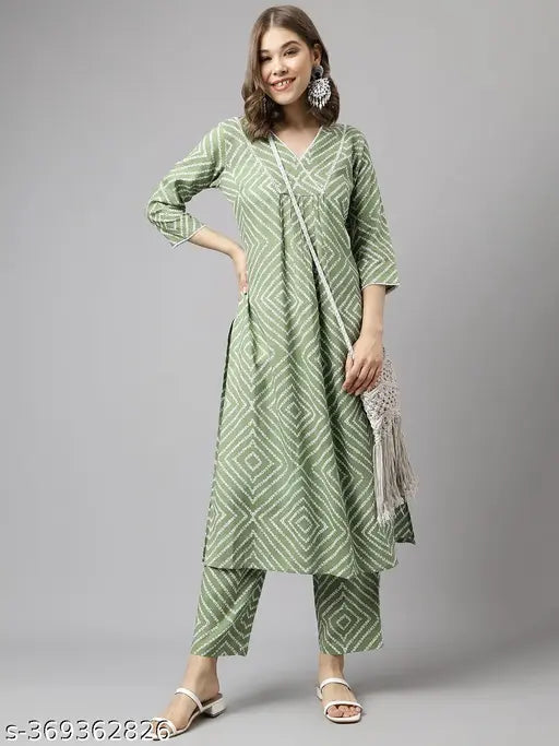 Green striped cotton Fiorra Kurta set with palazzo pants, calf length, suitable for festive occasions