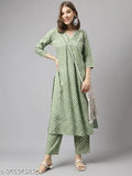Green striped cotton Fiorra Kurta set with palazzo pants, calf length, suitable for festive occasions