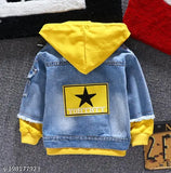 Denim jacket with yellow fleece, long sleeves, dyed/washed. Boys' denim coat, super soft feel, India origin