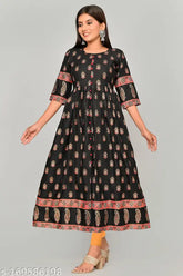 New printed rayon Anarkali gown kurtis with three-quarter sleeves, vibrant Indian design. M (36in bust, 48in length), L (38in bust, 48in length), XL (40in bust, 48in length). Elegant traditional wear for functions, festivals, parties, and weddings