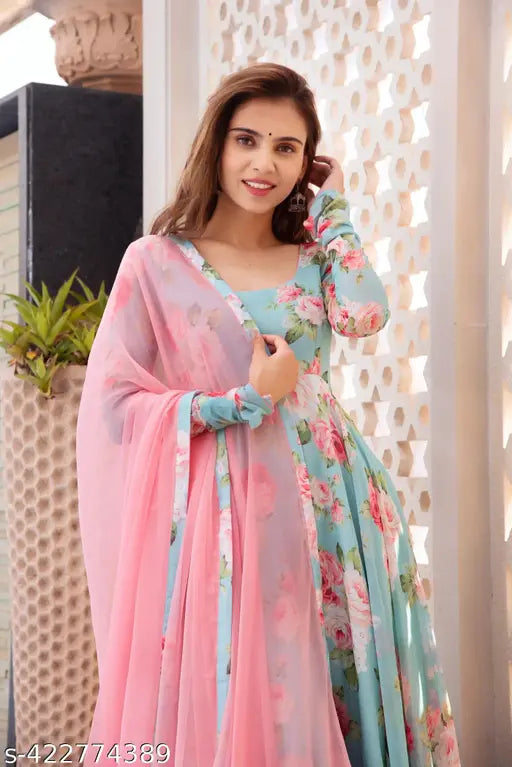 Georgette floral printed women's gown with dupatta, Indian evening wear for occasions