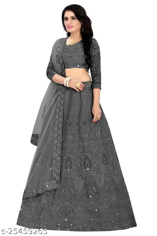 Indian embroidered taffeta silk lehenga, semi-stitched with round neck, stone work, short sleeves, and net dupatta