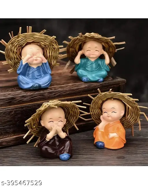 Multicolor resin Buddha statue set, 4 pieces - baby Monk Buddha figures for prosperity and wealth luck, ideal for home decor or car dashboard