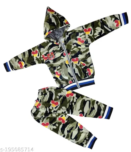 Wool kids winter hoody jacket & pyjama, printed net pattern for cold nights, 0-3M, 3-6M - made in India