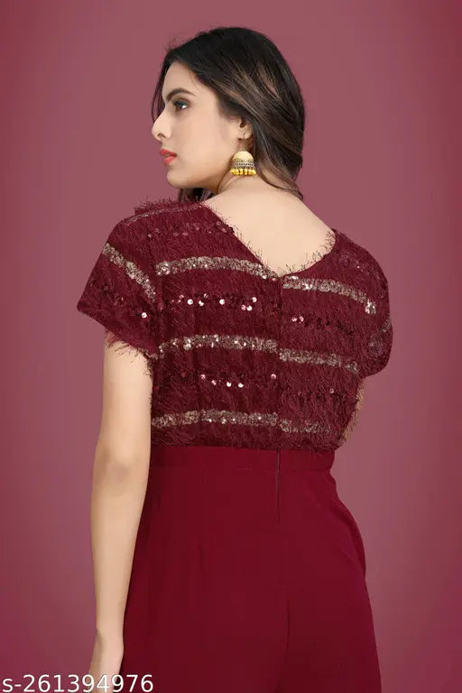 Maroon embellished lycra jumpsuit for women, featuring short sleeves and intricate net pattern on display