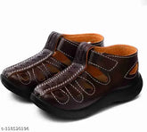 Brown synthetic leather shoe-sandals for kids aged 3 months to 7 years, ideal for both play and parties. One pair with adjustable Velcro straps. Comfortable and durable design for active youngsters. Made in India
