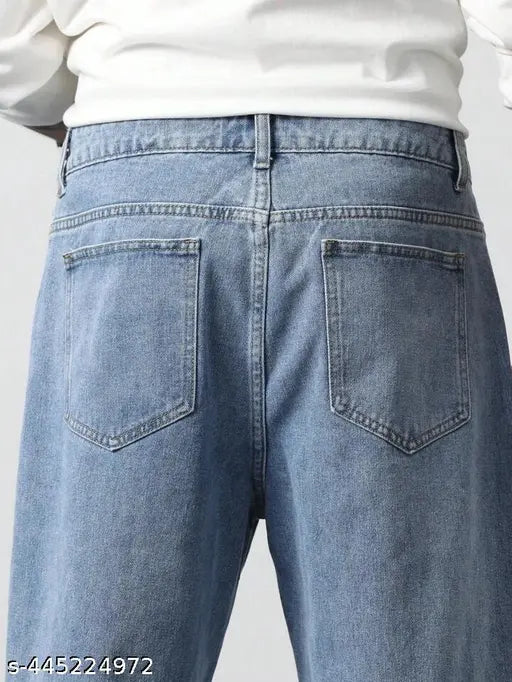 Men's loose denim baggy pants, light blue solid pattern, size 28/waist 29in, length 40in, hip 35in (India origin)