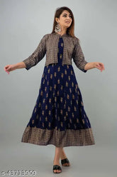 Navy blue rayon Anarkali printed kurti with floral print and three-quarter sleeves, perfect for party wear for women