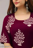 Maroon printed rayon gown with three-quarter sleeves, casual A-line kurti for women, suitable for office, temple, or festivals