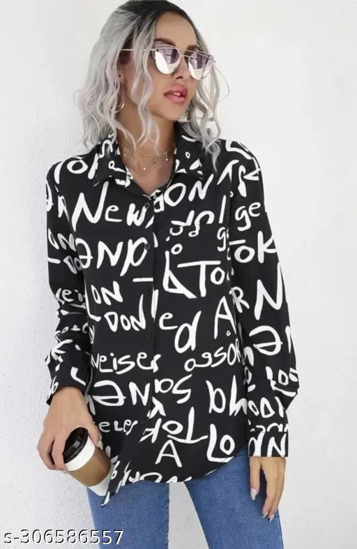 Long-sleeve crepe printed shirt for women, Indian made, features stylish design
