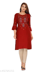 Maroon Rayon Embroidered Kurti, 3/4 sleeves, straight cut, regular fit - Women's casual & office wear, made in India