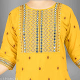 Pure cotton embroidered salwar suit set for girls, A-line top and trousers with dupatta, 4-5 years size: 24in top, 23in bottom length