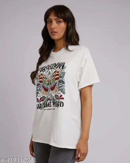 Chhorni oversize cotton t-shirt, white with charming butterfly print design, classic casual women's wear from India