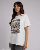 Chhorni oversize cotton t-shirt, white with charming butterfly print design, classic casual women's wear from India