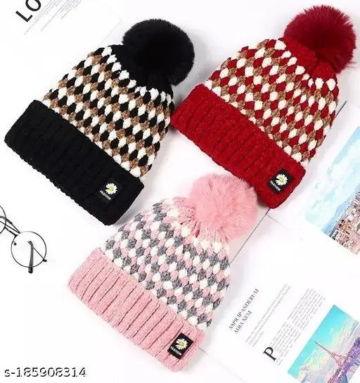 Assorted color women's wool winter beanie with faux fur pom-pom. Ultra-thick, dual-layered chunky knit for extra warmth