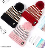 Assorted color women's wool winter beanie with faux fur pom-pom. Ultra-thick, dual-layered chunky knit for extra warmth