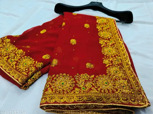 Golden embroidery Georgette saree for women, red party wear with matching blouse, handcrafted elegance in Indian bridal couture