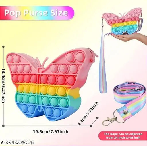 PU butterfly Pop It sling bag, solid net, free size for baby girls, vibrant colors, intricate design, sturdy sling, detachable, tactile element, durable, compact size, made in China
