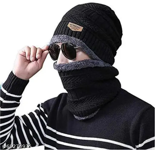Green woolen men's beanie with neck warmer (black), perfect winter accessory for outdoor activities