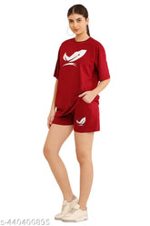 Maroon printed cotton nightsuit set (top & shorts), high-quality 180 GSM cotton for ultimate comfort