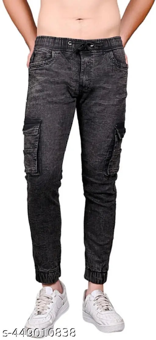 Mans blue denim jogger jeans, solid black color, 6-pocket design, size 28/waist 28in, length 35in; also available in sizes 30, 32, and more. Indian-made men's fashionable denim wear