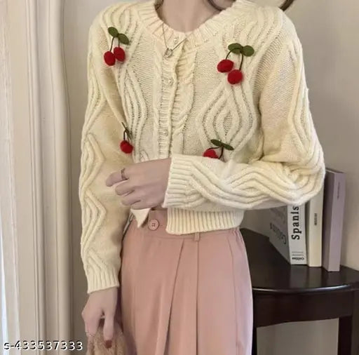 Cream wool cropped cardigan with self-design knitted cherry pattern, imported from India