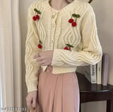 Cream wool cropped cardigan with self-design knitted cherry pattern, imported from India