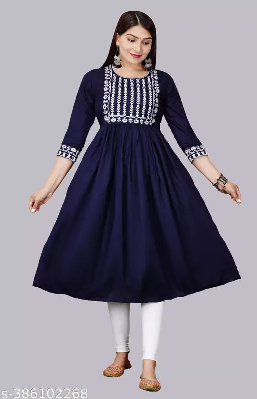 Embroidered rayon Anarkali kurta for casual or wedding wear, three-quarter sleeves